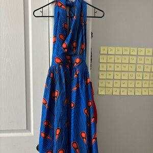 Blue Halter Midi Dress with Orange Print